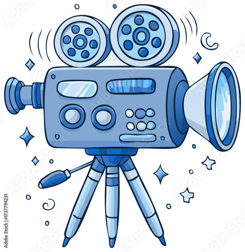 Cartoon Style Movie Camera on a Tripod with Sound Waves and Sparkles
