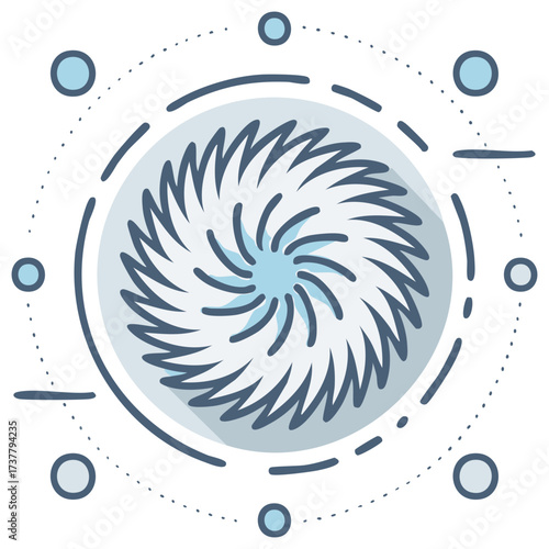 Stylized illustration of a swirling vortex with radiating circular elements and dashed lines
