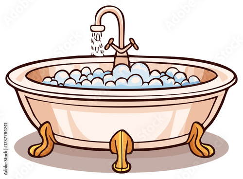 Vintage Bathtub with Bubbles and Running Faucet Illustration