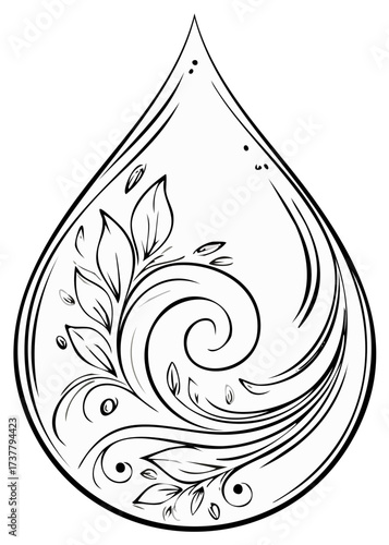 Water drop with leaf design illustration, black and white doodle drawing, isolated vector, organic floral element