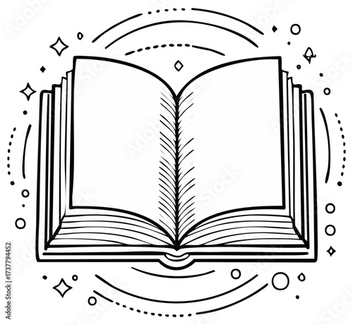 Open book with blank pages and magical stars, hand-drawn illustration