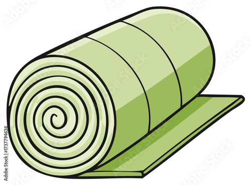 A rolled up sleeping bag or yoga mat in a light green color with a swirl pattern