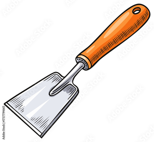 Gardening tool with an orange handle and a metal flat head for digging and weeding