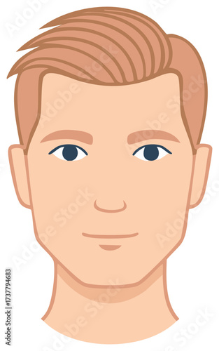 Illustrated man face close up with light skin tone and dark blue eyes on white