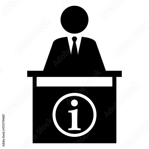 Icono con silueta de hombre detrás de mostrador de informacion