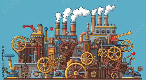 Steampunk Factory Illustration with Gears, Pipes, and Chimneys.