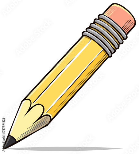 Yellow pencil with pink eraser and graphite tip drawn at an angle