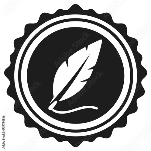 Feather Quill Pen Writer Seal Stamp Icon, Antique Nib, Black and White Symbol for Writing, Education