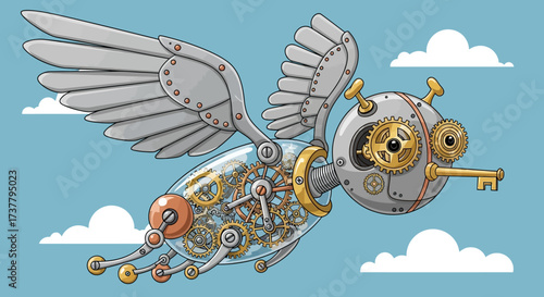 Steampunk Mechanical Bird Flying in the Sky with Clouds.