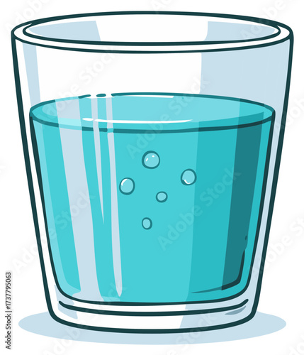 Simple cartoon illustration of a refreshing glass of fresh clean water with bubbles
