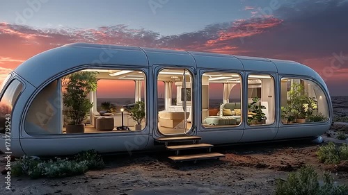 Futuristic modular home at sunset in desert landscape