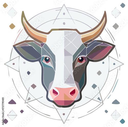 Geometric Abstract Cow Head with Stylized Celestial Star and Diamond Shapes