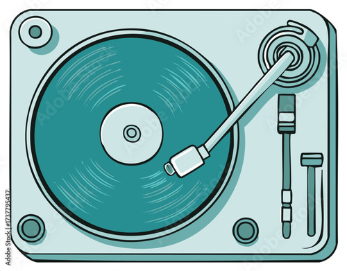 Retro Turntable Illustration with Rotating Vinyl Record and Tone Arm