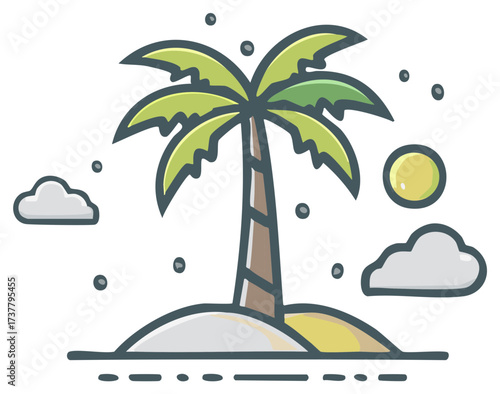 Cartoon icon of a tropical desert island with a single palm tree, sun, and clouds