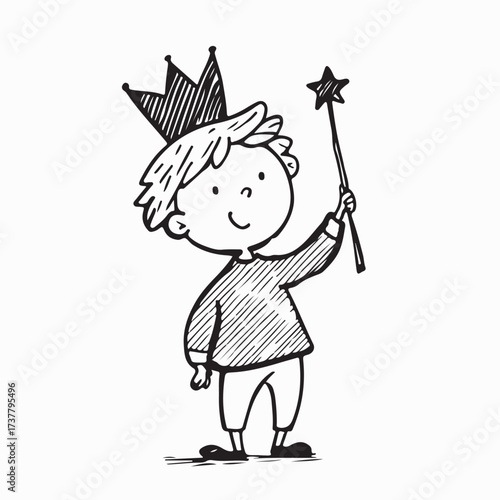Cute Cartoon Kid in Magic Costume with Crown and Wand at Birthday Party Vector Illustration