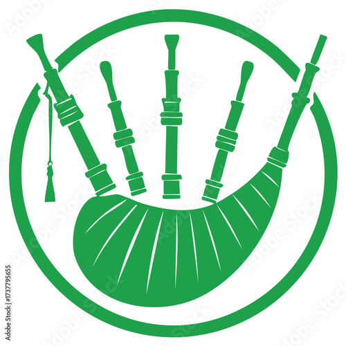 Green Bagpipes Instrument Circle Symbol Isolated on White Traditional Music Design