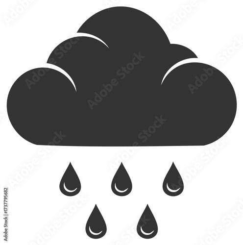 Simple black silhouette icon of a rain cloud with falling water droplets weather forecast symbol