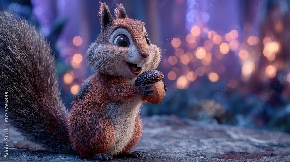 Obraz premium Cute chipmunk holding an acorn in a wintery forest.