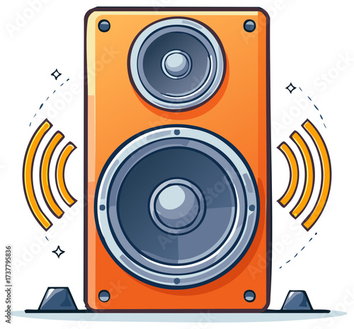 Loud orange audio speaker with vibrating sound waves. Cartoon vector illustration.