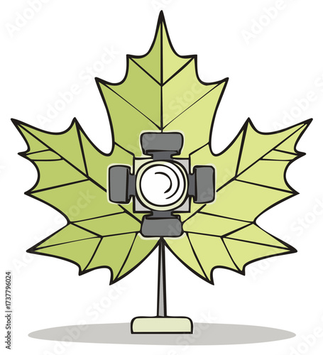 Stylized light camera mounted on a green maple leaf illustration