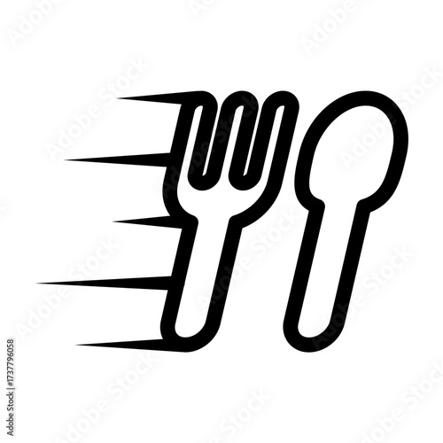 Spoon and fork icon with motion effect, symbolizing fast food, quick service, and restaurant delivery.