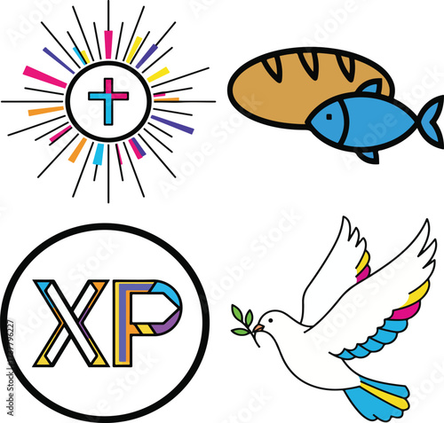 Collage of Christian Symbols: Cross, Fish and Bread, XP Monogram, Dove vector illustration