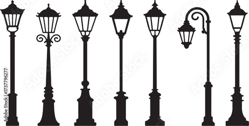 Collection of Vintage Street Lamp Silhouettes on White Background Keywords: street lamp, lamp post
