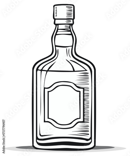 Hand drawn black and white illustration of a generic liquor bottle with an empty label