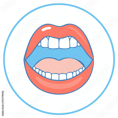 Open mouth icon with teeth, lips, and blue interior in a circle.