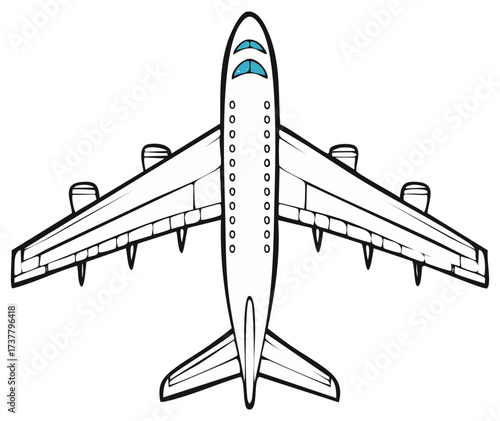 Illustration of an airplane flying overhead, with four engines and clean design, top down graphic.