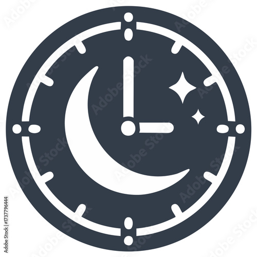 Night time clock solid glyph icon with crescent moon and stars for bedtime or evening concepts