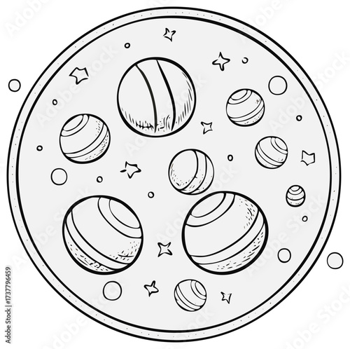 Illustration of a planet with orbiting planets and star shapes, coloring book style.