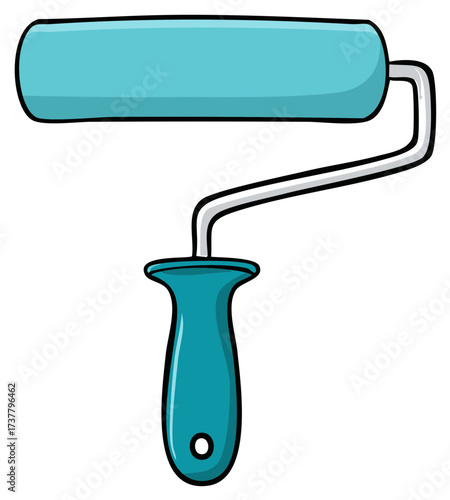 Cartoon illustration of a teal paint roller tool with a metal frame and handle