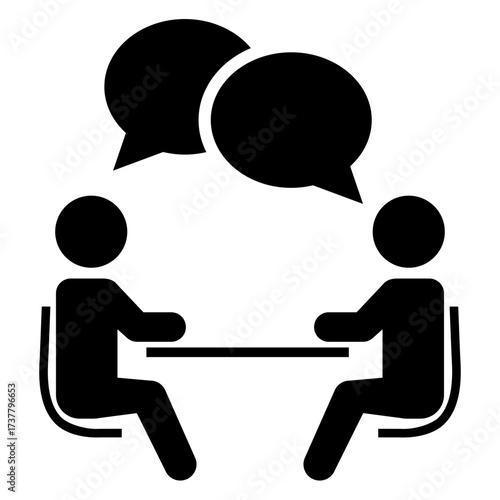 Logo reunión de trabajo. Icono hombres sentados en sillas en una mesa con burbujas de habla 