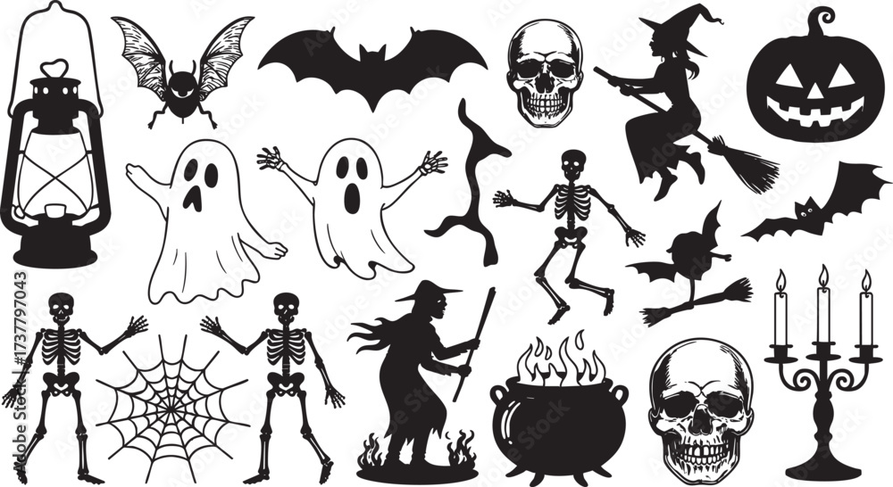 Naklejka premium Halloween set Clipart, Black and white halloween themed, Halloween Spider 3d PNG, Midnight Forest Walk Under Full Moonlight,