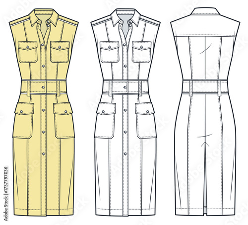 Sleeveless safari Shirt Dress with patch pockets fashion flat sketch. Women midi Dress fashion flat technical drawing template, button up, front and back view, white, yellow, women CAD mockup.