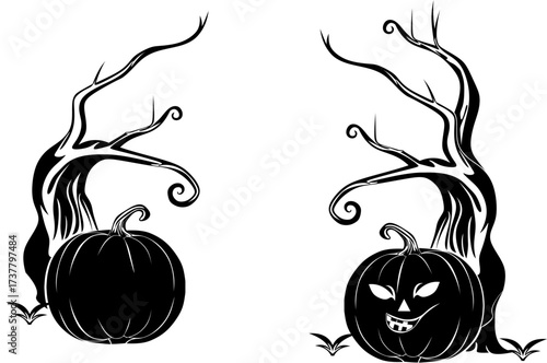 silhouette of a creepy old tree with halloween pumpkin