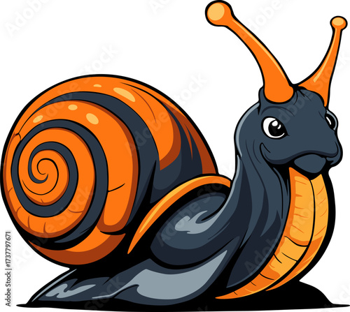 A cartoon snail with an orange and black shell and big expressive eyes.