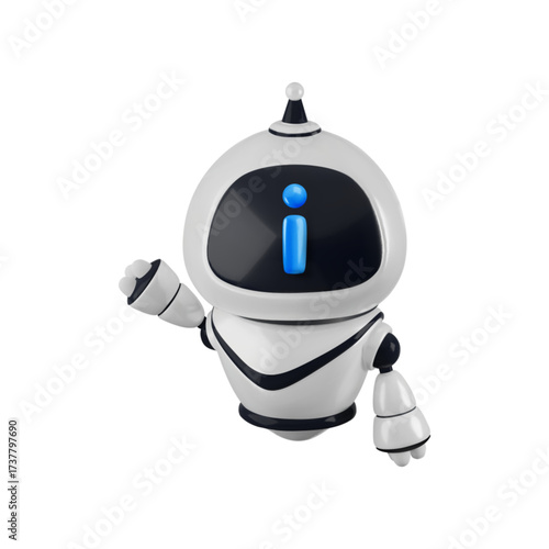 Vector cartoon 3d robot info illustration. Realistic 3d render robot character with blue help information sign on face screen. Smart faq, support service icon, chat bot technology