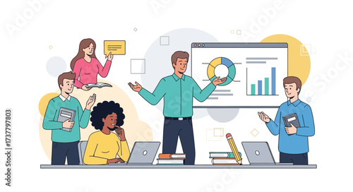 Vector Illustration of Business Meeting with Data Presentation Teamwork in Modern Style