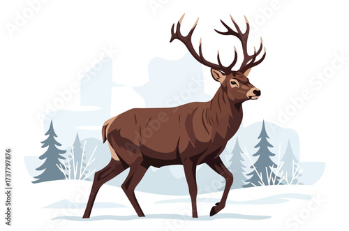 Illustration Art Vector of a Brown Deer Walking in Winter Landscape Minimalist Illustration