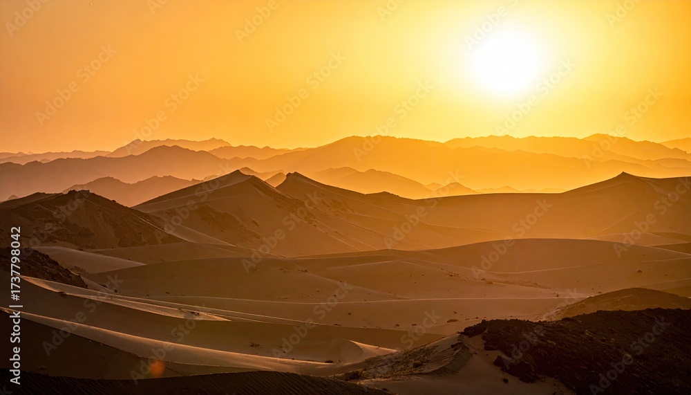 Fototapeta premium Golden Sunset Over Arid Mountain Range with Warm Tones and Pixelated Texture in Horizontal Composition, Creating a Scenic and Abstract Landscape View