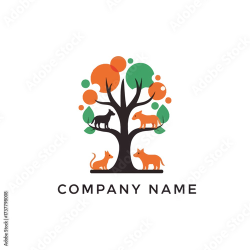 Tree with various animals and colorful leaves, representing a pet care or animal welfare company.