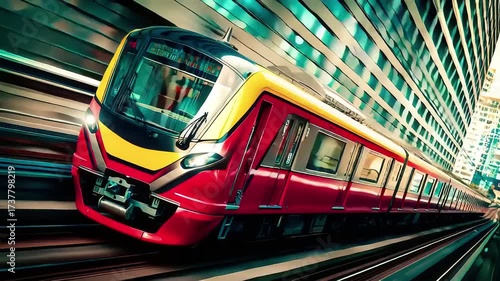 Vibrant Train Speeding Through Urban Landscape