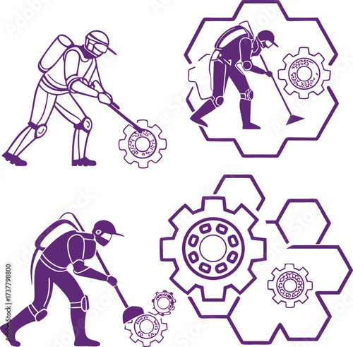 Essential worker disinfects with precision, safeguarding health with technology. Modern sanitation, vector design, hygiene concept, and germ control.