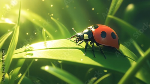 Ladybug on a dewy leaf
