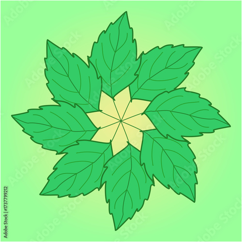 Radiant green leaves spiral outward in perfect harmony, forming a star-shaped mandala that symbolizes balance, vitality, growth, and natural unity.