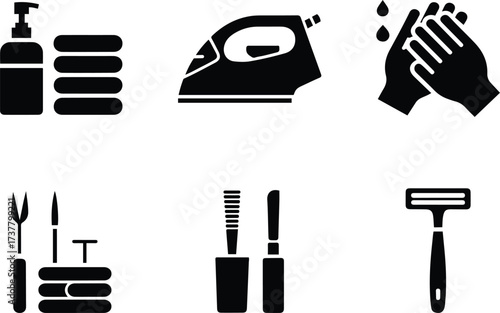 Hotel and Home Amenities Hygiene and Housekeeping Icon Set