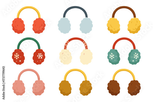 Winter earmuffs flat icon set. featuring fluffy, patterned, snowflake, furry, colorful, and festive styles