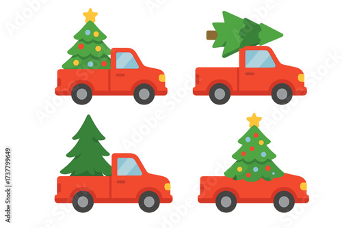 Christmas celebrations flat icon set. featuring truck with christmas tree in various styles
